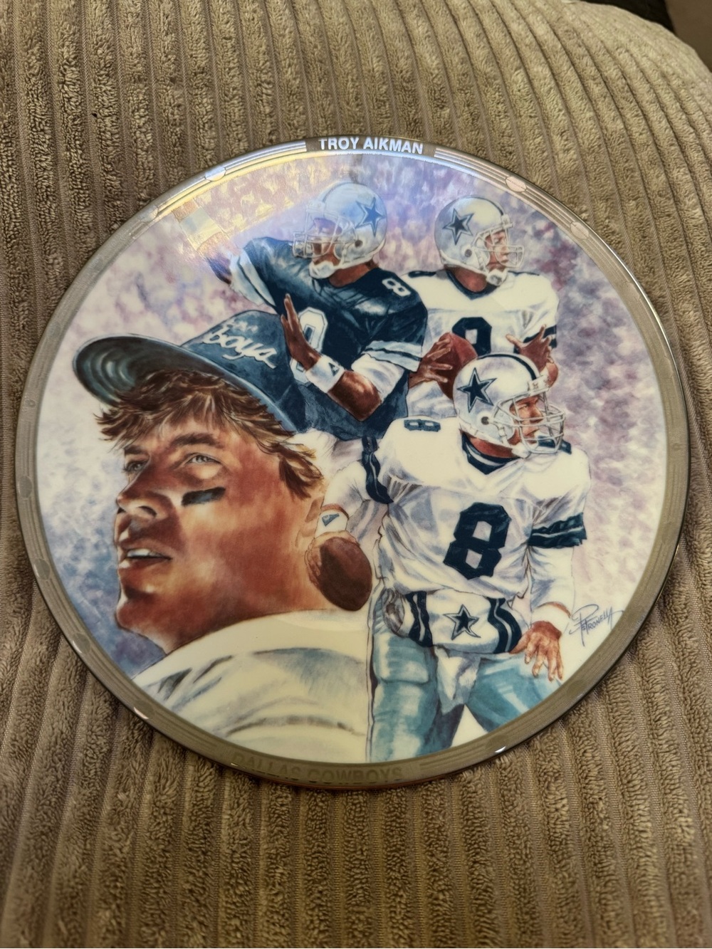 Troy Aikman Decorative Football Plate - White, Blue & Cream
